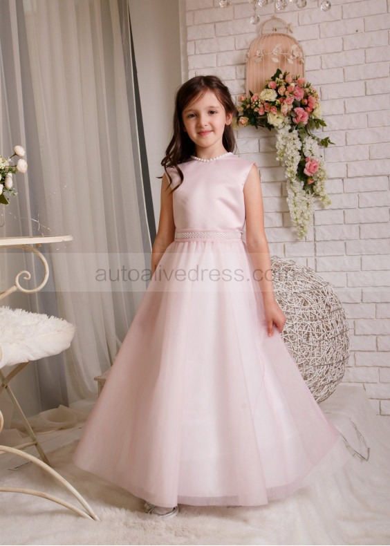 Pearl Neck Blush Pink Satin Tulle Ankle Length Flower Girl Dress